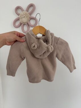 H&M Gender Neutral Baby Bear Ear Taupe Knit Hooded Baby Cardigan